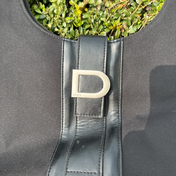 Vintage DKNY Black Canvas & Leather Shoulder Bag | Y2K Logo Hobo Tote - Picture 8 of 10